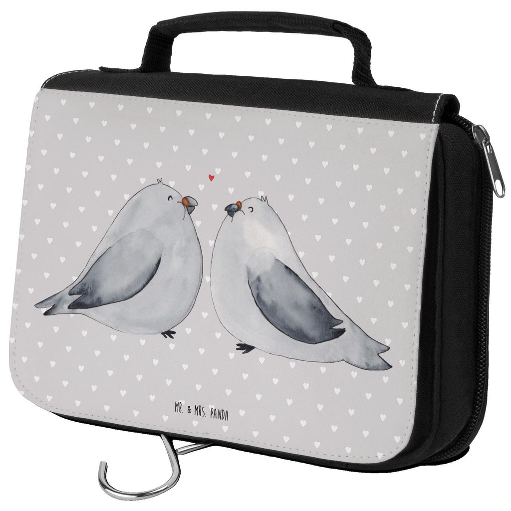 Mr. & Mrs. Panda Kosmetiktasche Turteltauben Liebe - Grau Pastell - Geschenk, kulturtäschchen, Freundin, Hochzeitstag, Schminktasche, Kulturbeutel...