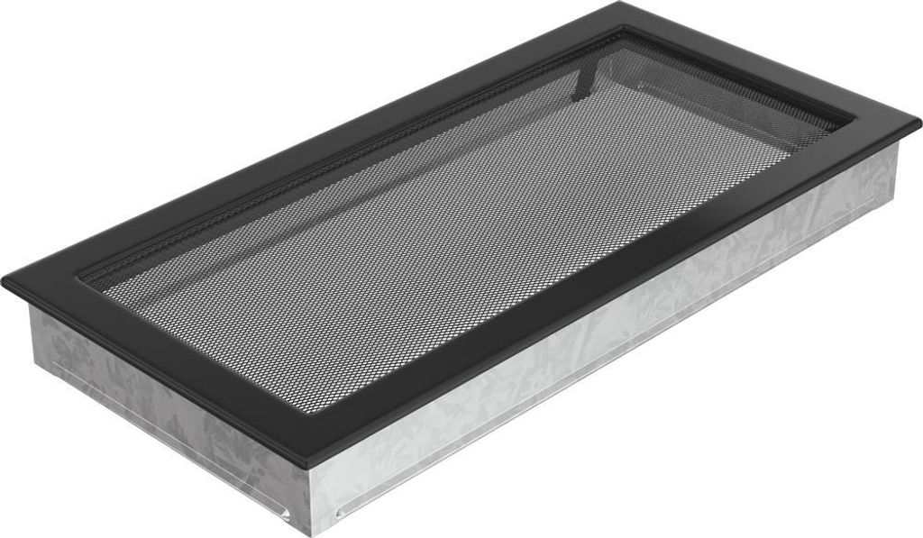 A rectangular ventilation grille with a black frame and a metal mesh insert, shown from a slightly elevated diagonal angle against a white background.