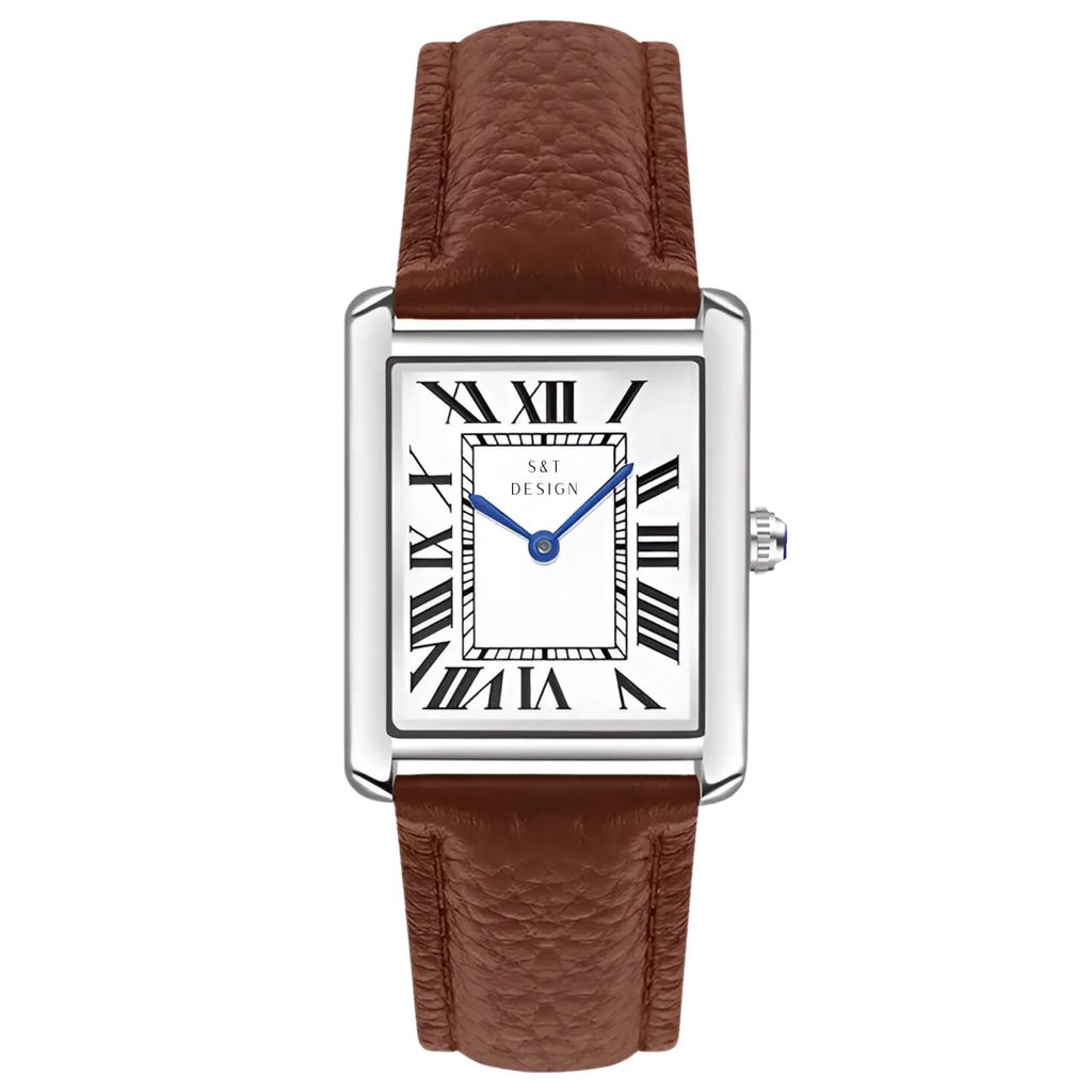 S&T DESIGN Herren Quarzuhr Vintage Rechteckig – Braun, Römische Zahlen, Kunstleder