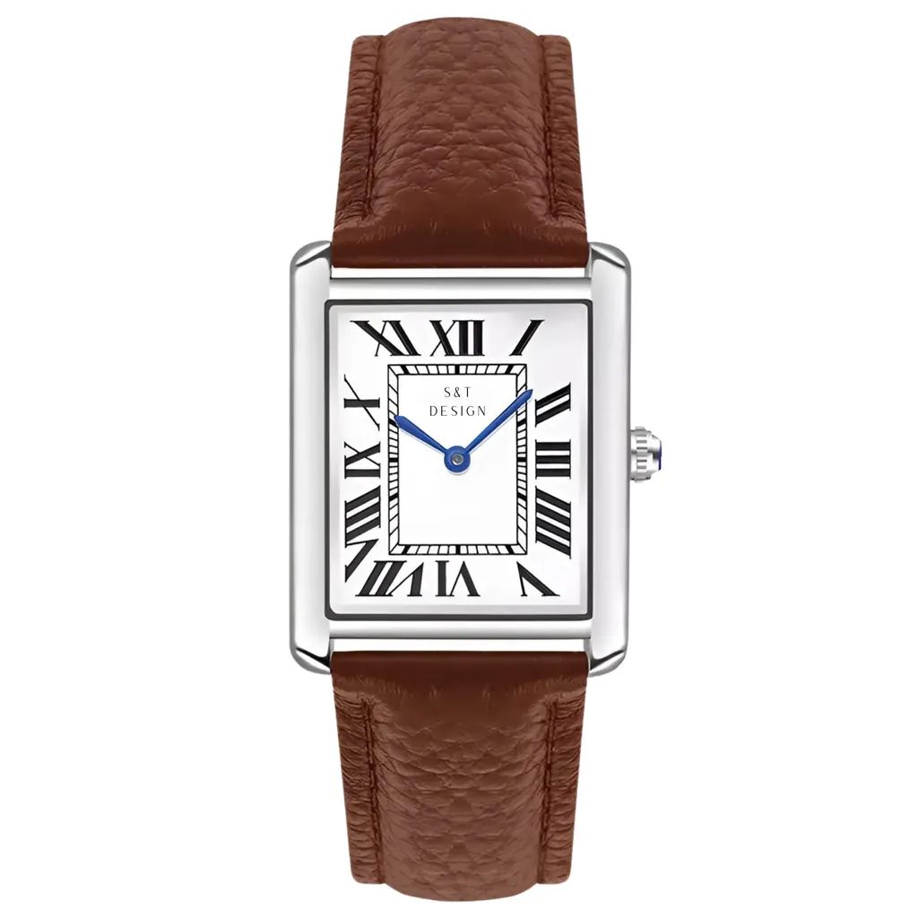 Montre Homme Vintage à Chiffres Romains et Bracelet Marron Surpiqué
