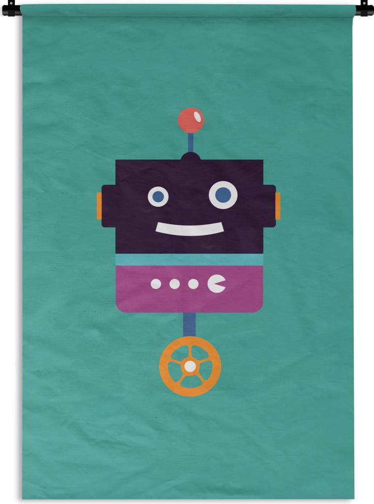 MuchoWow Wandteppich Wandbehang Roboter - Rad - Lila - Grün - Jungen - Kinder 120x180 cm Tapisserie Dekoration Wandtuch - Schlafzimmer - Dekorat...