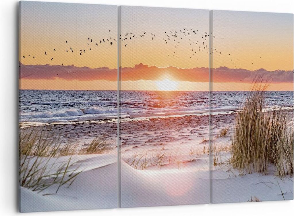 Bild auf Leinwand - Leinwandbild - 3 Teile - Sonne Strand Vögel - 105x70cm - Wand Bild - Wanddeko - Wandbilder - Leinwanddruck - Bilder - Wanddeko...