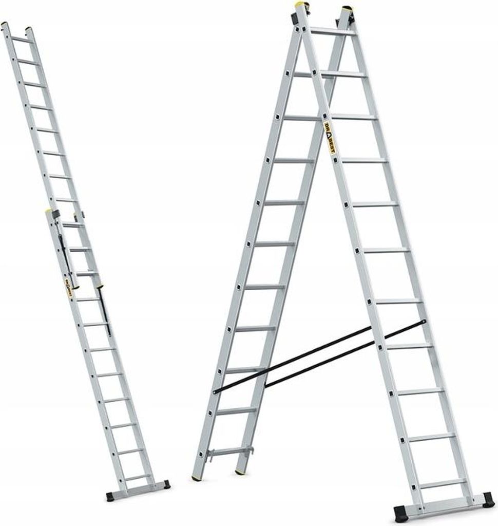 Two aluminum ladders are shown against a white background. One is extended and leaning, the other is in an A-frame configuration.