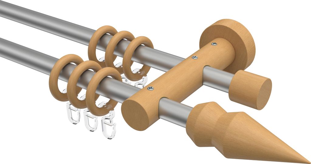 Interdeco Gardinenstange / Vorhangstange Silbergrau / Buche lackiert, Typ Adrian Doman (Doppelkegel), 16 mm Ø 2-läufig, 100 cm