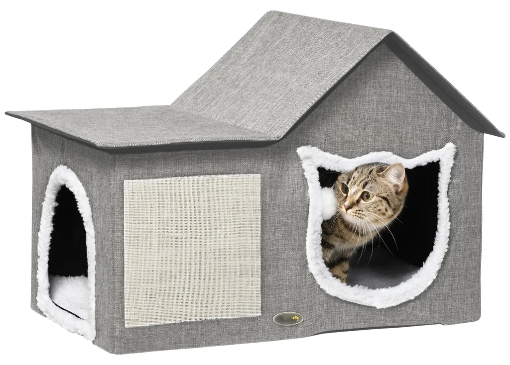 Lit pour chat gris 65x41x45,5 cm avec coussin moelleux et griffoir intégré