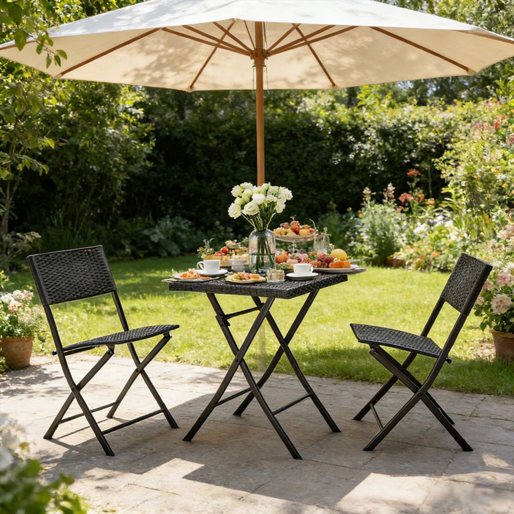 Happy Home 3 tlg. Bistro Set HGE46-SCH schwarz Bistro Set 3-teilig, Schwarz, Klappbar, Rattan-Optik, Gartenmöbel Set mit 2 Stühlen und 1 Tisch