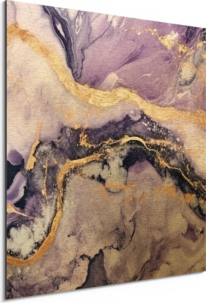 DEQORI Alu-Dibond Bild Gold 30x30 cm 'Violette Gesteinsader' Wandbild Metall dünn Design