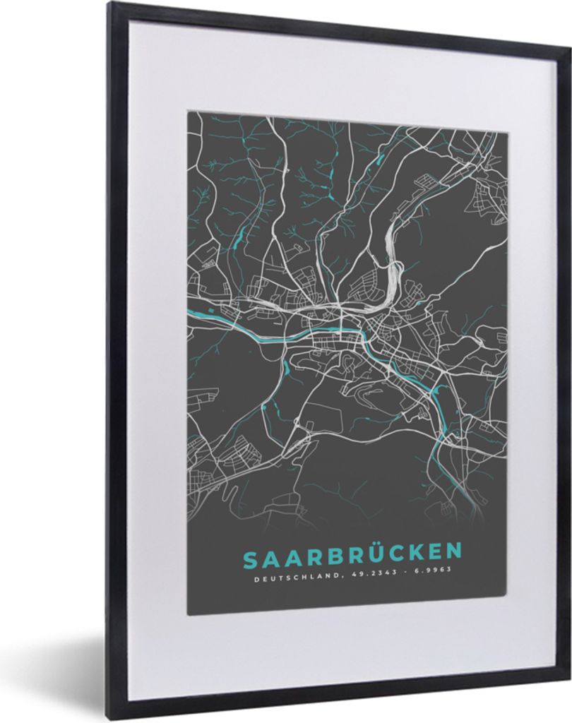 MuchoWow Gerahmtes Poster Deutschland - Blau - Saarbrücken - Stadtplan - Karte 30x40 cm - Poster mit Schwarzem Bilderrahmen Wandposter Rahmen Fo...