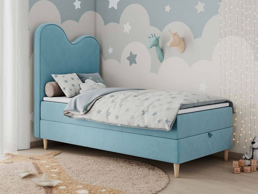 Boxspringbett, Einzelbett für Kinder, Jugendbett mit Matratze - FLOW - 90x160cm - Blau - H3