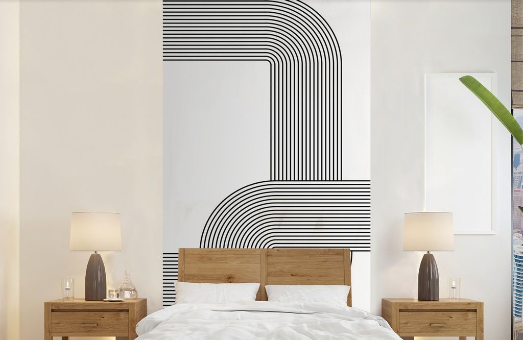 MuchoWow Fototapete für Wohnzimmer oder Schlafzimmer Wandtapete Vinyl Motivtapete Kunst - Schwarz - Weiß - Linie - 120x240 cm - Hintergrundbild