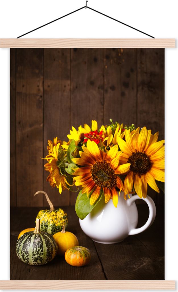 MuchoWow Textilposter Kürbisse - Sonnenblumen - Herbst 40x60 cm mit holzfarbenen Rahmen - Poster