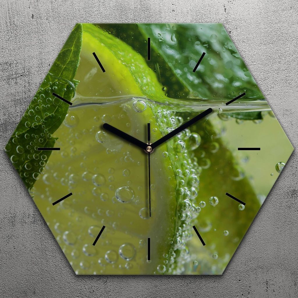 Uhr hexagonal 40 cm Glas Geräuschlos schwarze Zeiger - cocktail mit Limette