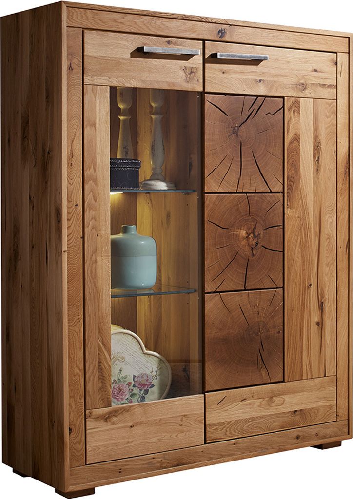 Highboard 103cm breit mit Beleuchtung, Wildeiche massiv geölt, montiert, WINNIPEG-69