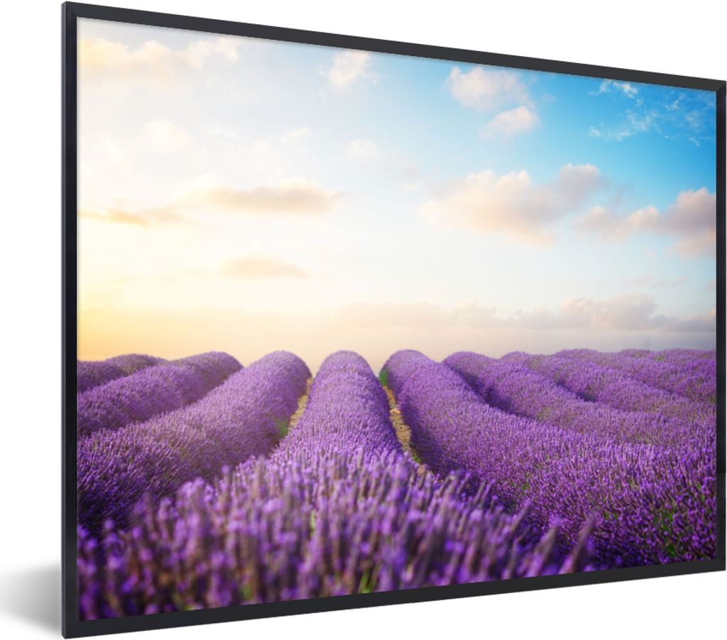 MuchoWow Gerahmtes Poster Lavendel - Himmel - Wolken - Blumen 40x30 cm - Poster mit Schwarzem Bilderrahmen Wandposter Rahmen Foto Bilder - Kunstp...