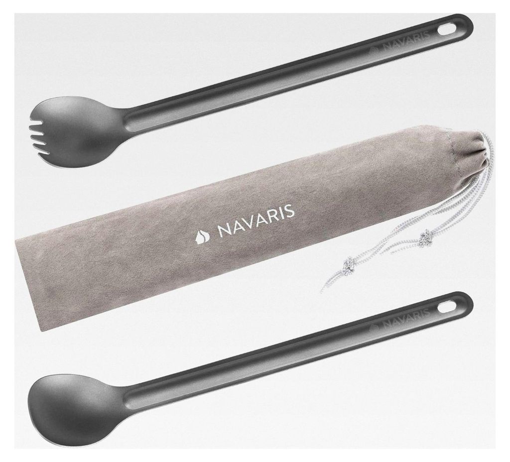 2er Set Titan Besteck extra lang - 2in1 Outdoor Göffel Spork und Camping Löffel mit Tasche - Gabel Löffel Essbesteck Kombi - Reisebesteck