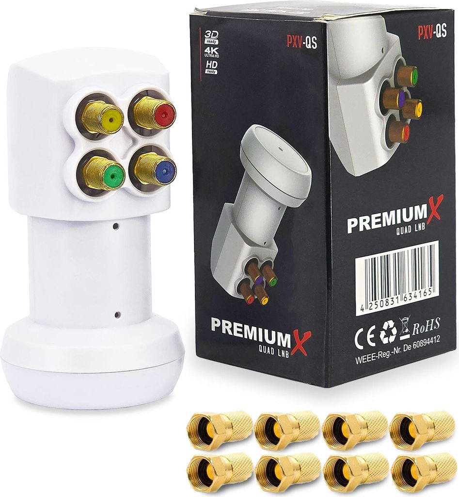 PremiumX PXV-QS Quad LNB SAT für 4 Teilnehmer DVB-S2 HD 4K inkl. 8x F-Stecker