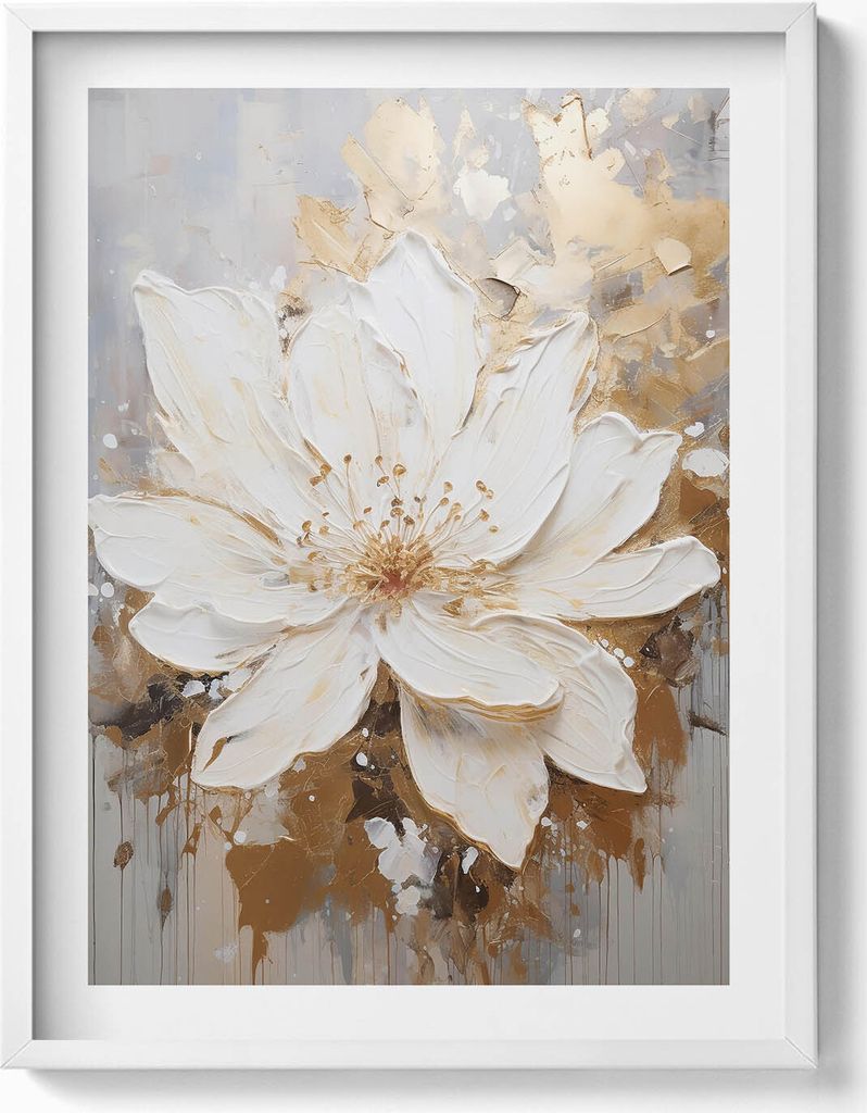 Zarte gemalte Blume– Wandbild mit Rahmen – Gerahmtes Bild – Wanddekoration – 60x80 cm – Weiß Rahmen