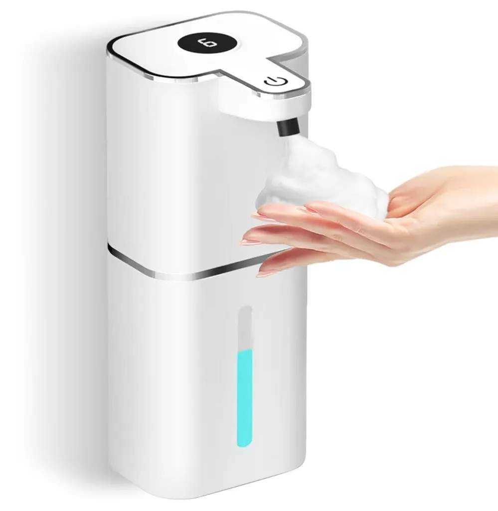 Distributeur de savon automatique blanc avec 2 crochets et câble USB