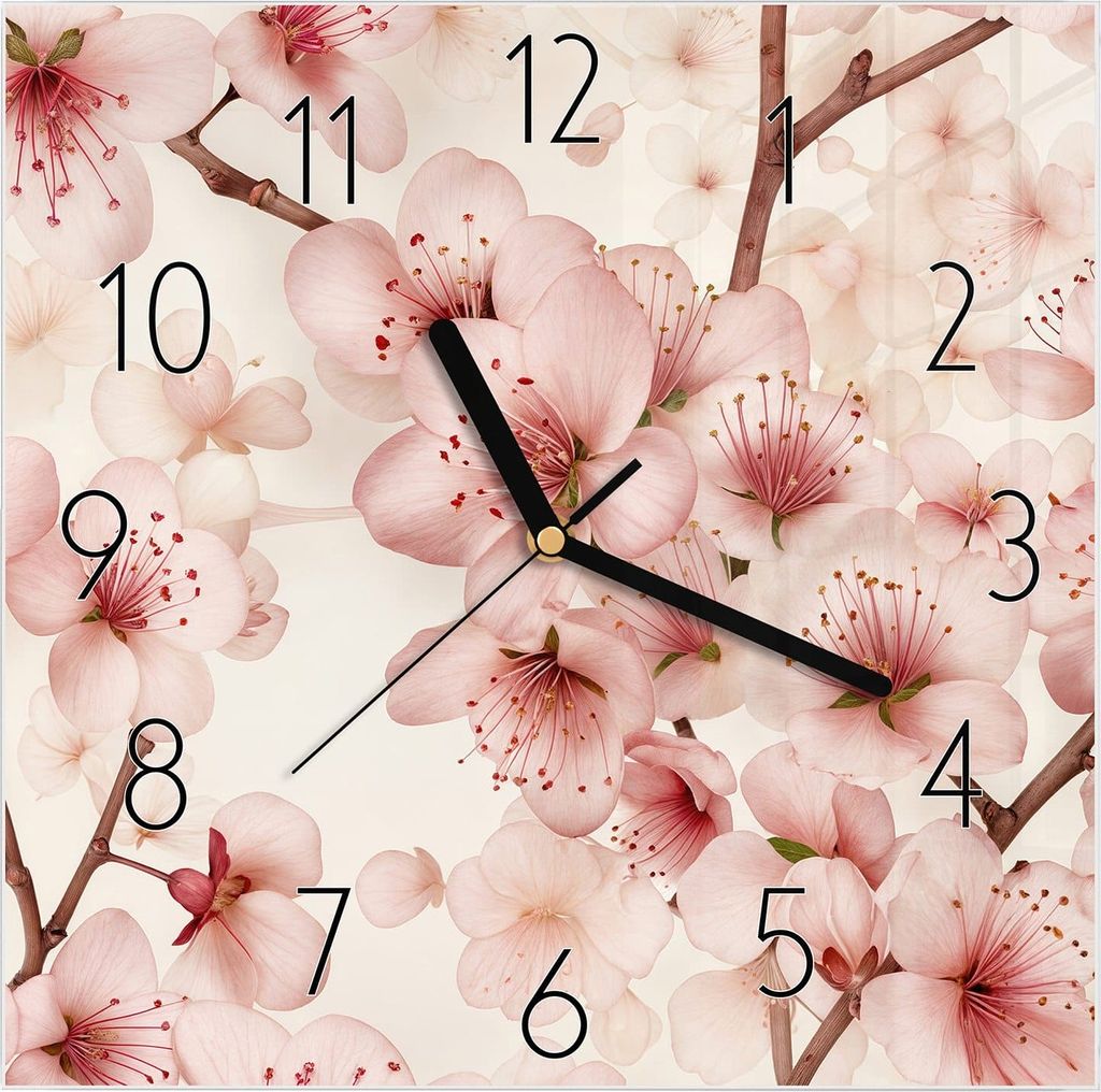 Wanduhr aus Glas mit Motiv Kirschblüten- 30 x 30 cm - inkl. Aufhängesystem