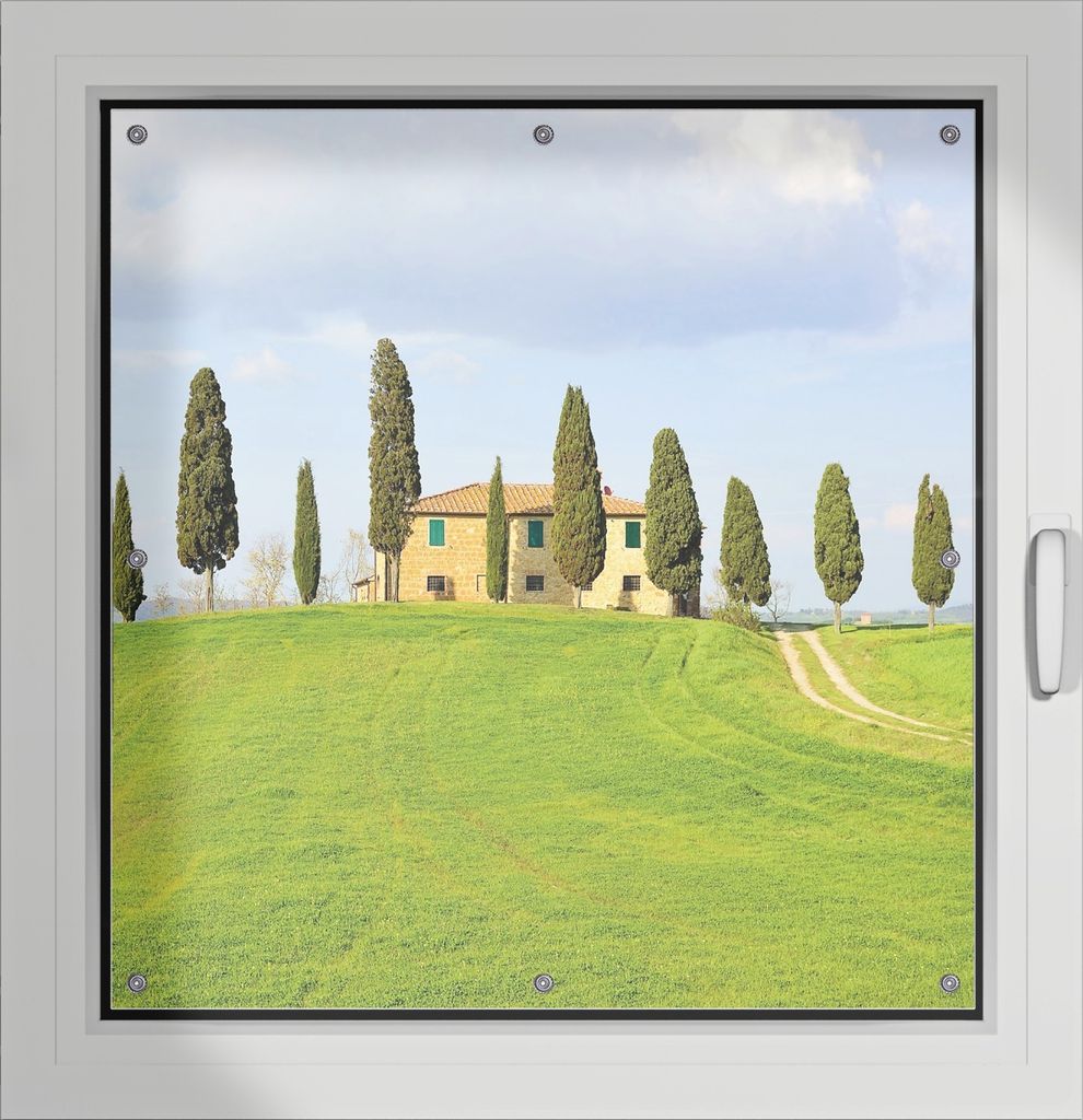 Wallario Lichtschutzbild, Dekorativer Sichtschutz Sonnenschutz 96 x 93 cm mit Motiv: Villa auf einem Hügel in der Toskana - Verdunklung ohne Bohren