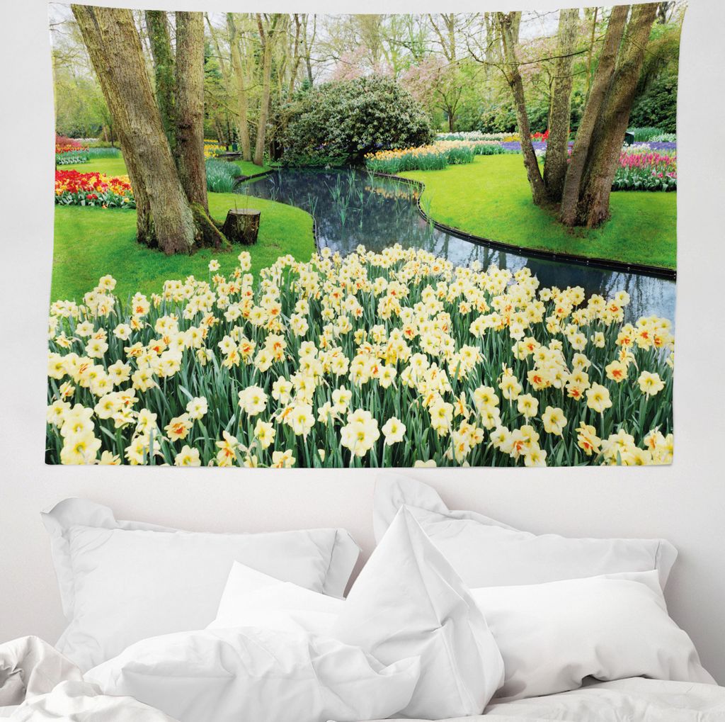 ABAKUHAUS Frühling Wandteppich, Flower Garden Grass Park aus Weiches Mikrofaser Stoff Waschbar ohne Verblassen Digitaldruck, 150 x 110 cm, Grün u...