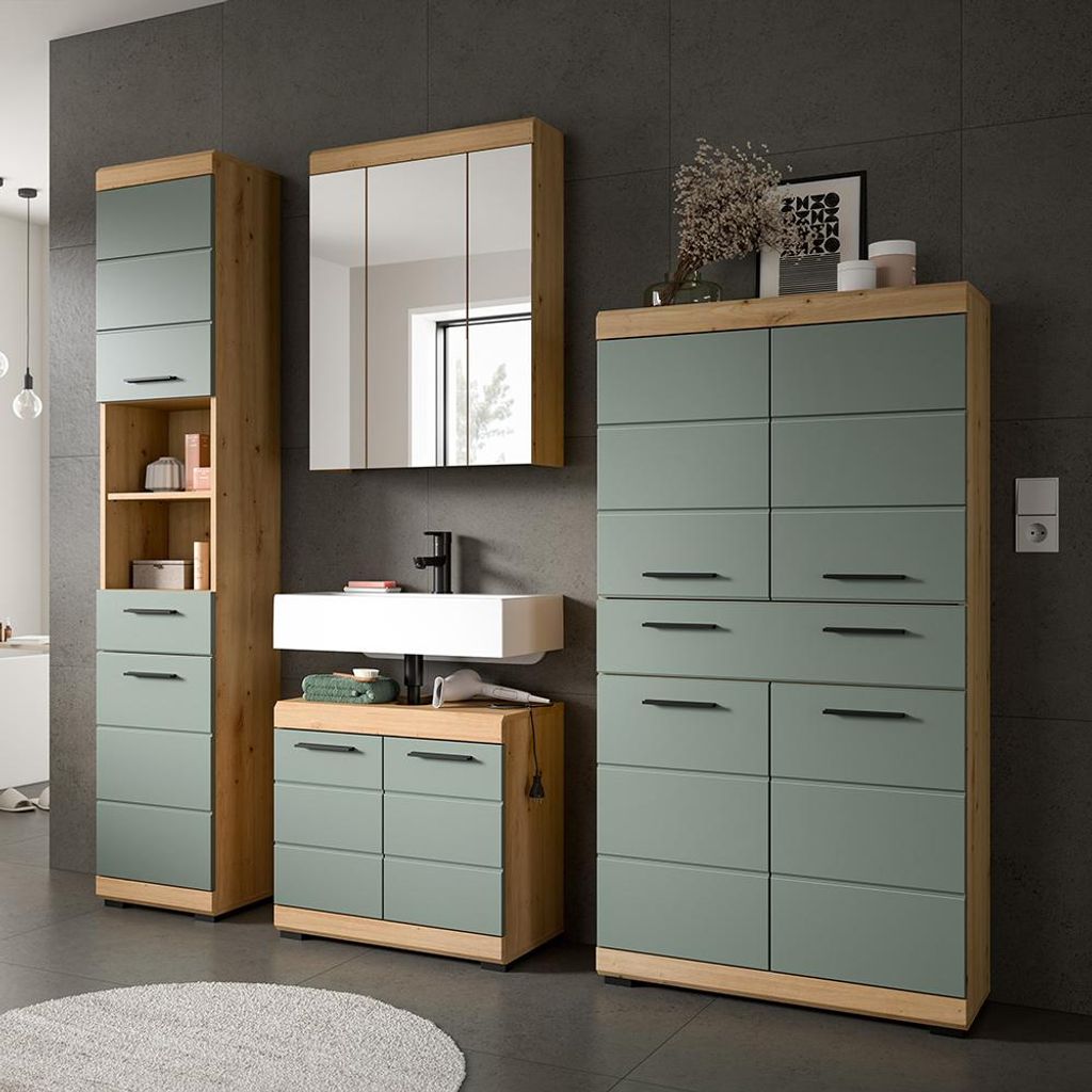 Badezimmer-Set 4-teilig in Artisan Eiche mit Salbei, mit Spiegelschrank - SIROCO-158