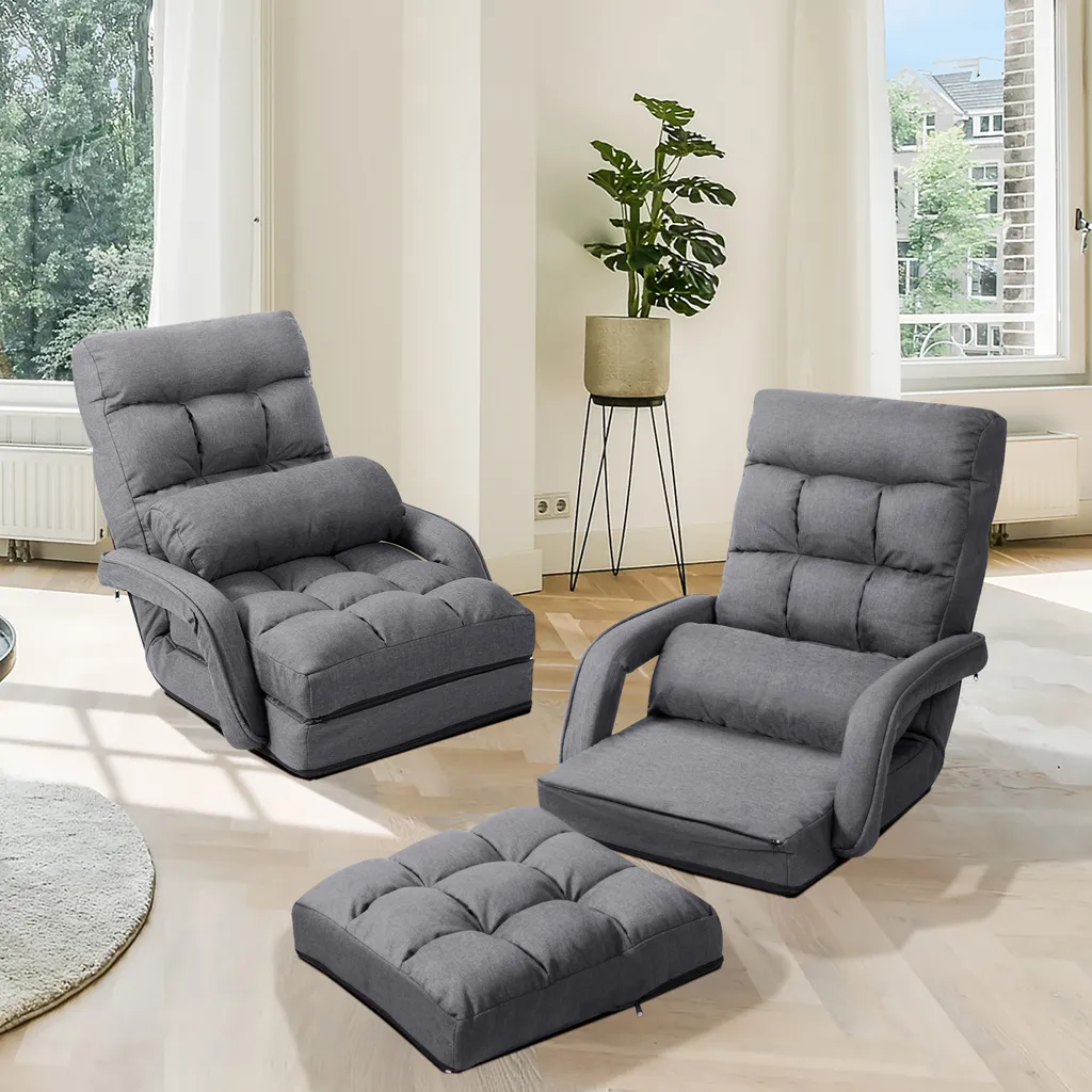 Canapé de sol pliable gris : solution gain de place et confort dos réglable