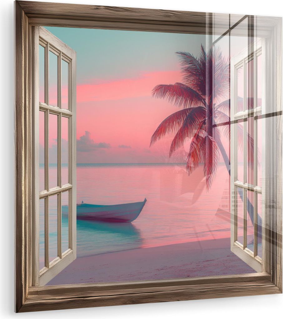 MuchoWow Glasbilder - Bilder auf Wandbild - Foto auf Glas Durchblick - Strand - Palme - Tropisch 90x90 cm Wanddekoration aus Glas - Acrylglasbild -...