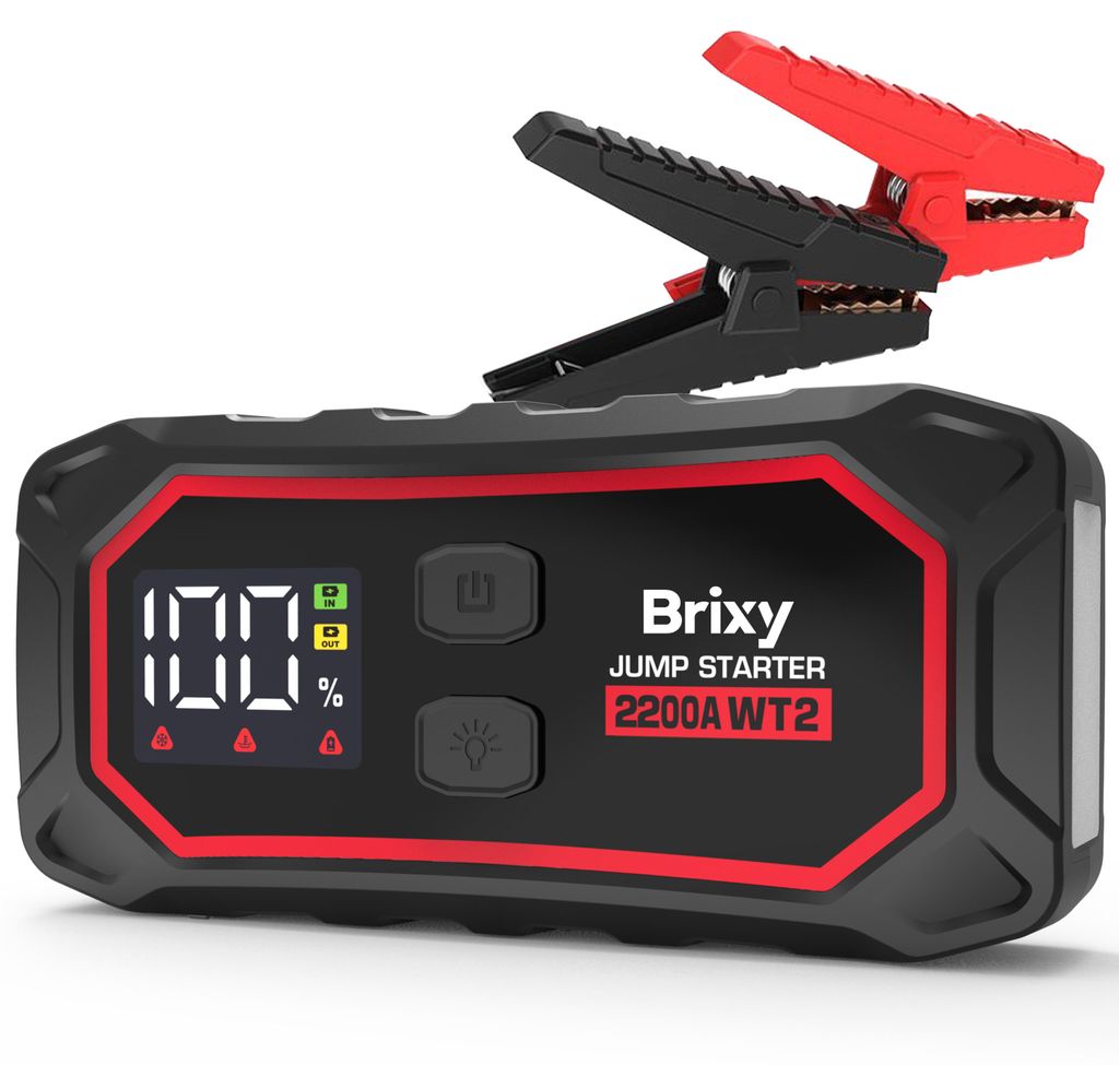 Brixy Jumpstarter für Autos – 2200 A / 16.000 mAH – 4-in-1-Starthilfe – LED-Taschenlampe, SOS-Notlic