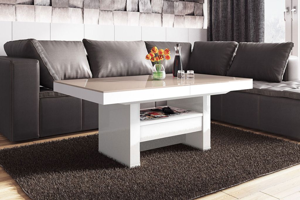 Design Couchtisch Tisch HLU-111 Cappuccino Weiß Hochglanz Schublade höhenverstellbar ausziehbar Esstisch