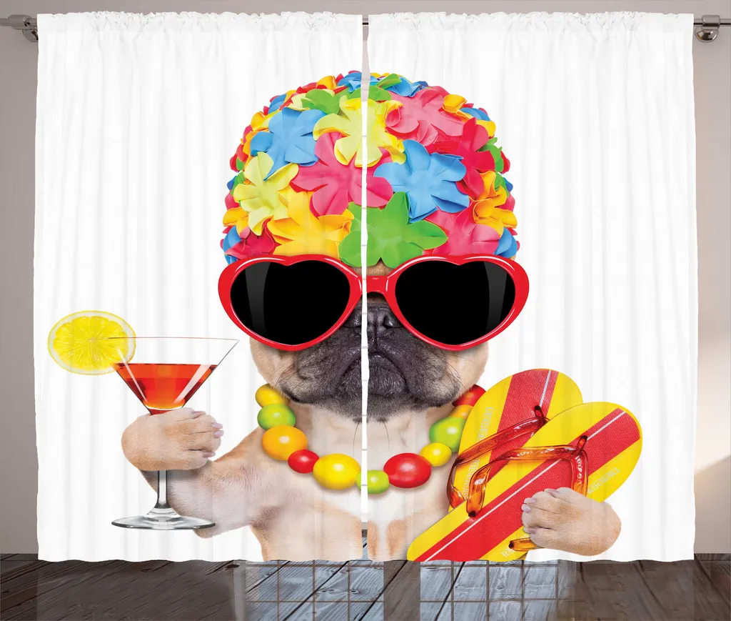 ABAKUHAUS Tenda rustica stravagante, Cocktail Exotic Bulldog Pet, Tenda universale per soggiorno con passanti e ganci, 280 x 175 cm, multicolore