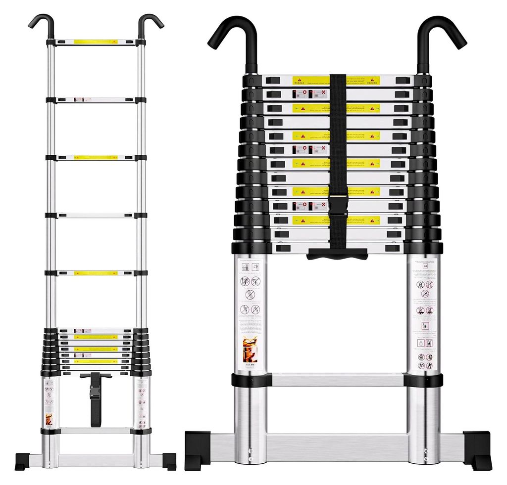 4,1 m Teleskopleiter, ausziehbare Aluleiter mit Stabilisator, Leiter mit Haken, 14 Sprossen, für Zuhause, Wohnmobil und im Freien, Tragkraft 150 kg