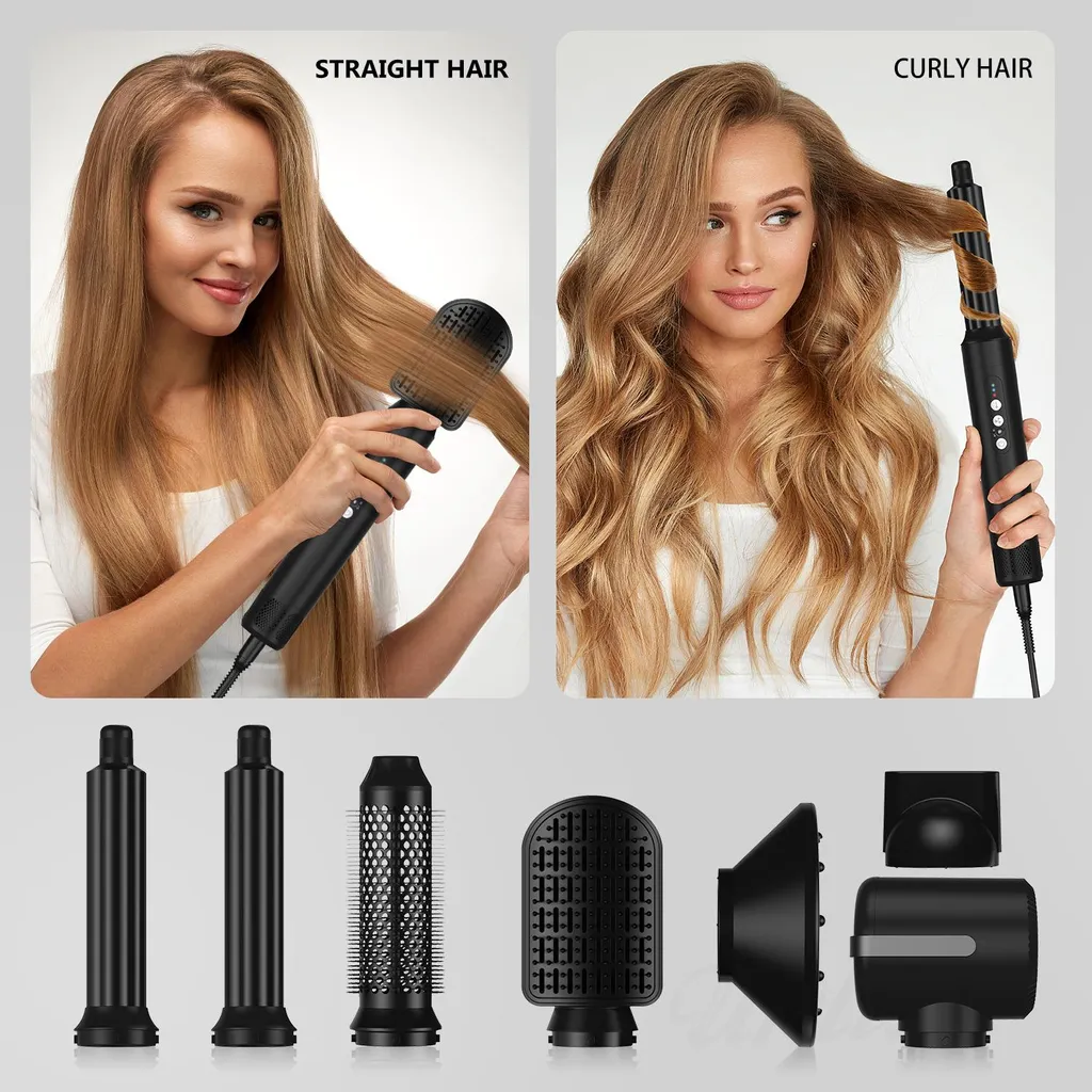 Brosse à air chaud multifonction avec diffuseur et 6 embouts de coiffage noirs - 8