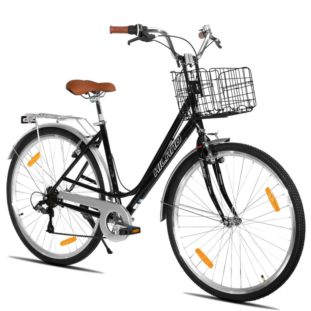 Hiland 28 Zoll City Fahrrad für Erwachsene Männer und Frauen, 7-Gang-Schaltung, Doppelte V-Bremsen, mit Fahrradkorb, Schutzblechen, Gepäckträger