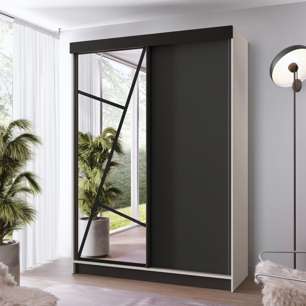 FurMeb24 Schiebetürenschrank LOE 167x205x59 cm Kleiderschrank mit Spiegel, 2-türiger Schiebeschrank (Kaschmir/Schwarz)