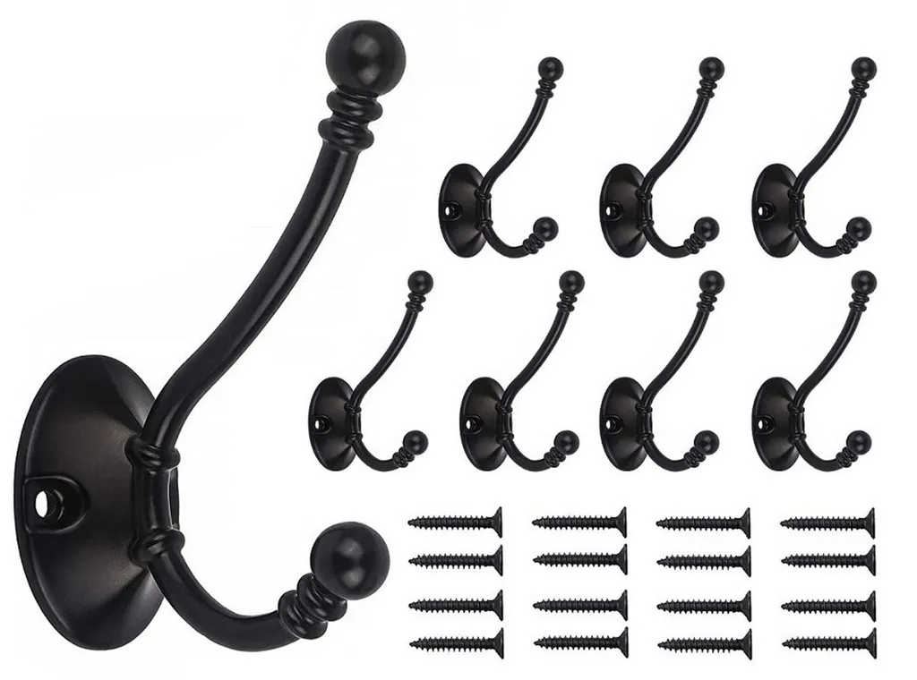 Patères murales robustes noires en métal, lot de 8 crochets doubles