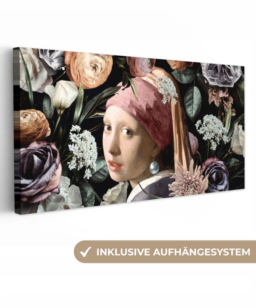 MuchoWow - Leinwandbilder - Mädchen mit Perlenohrring - Blumen - Vermeer - Pastell - Kunstwerk - Gemälde - Alte Meister, Wandbild, Wanddeko Bil...
