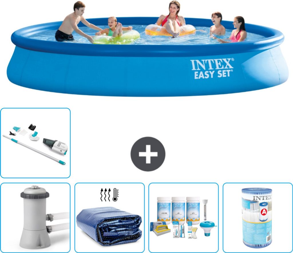 Intex runder aufblasbarer Easy Set-Schwimmpool – 457 x 84 cm – Blau – inklusive Pumpe Sonnensegel - Wartungspaket - Filter - Staubsauger