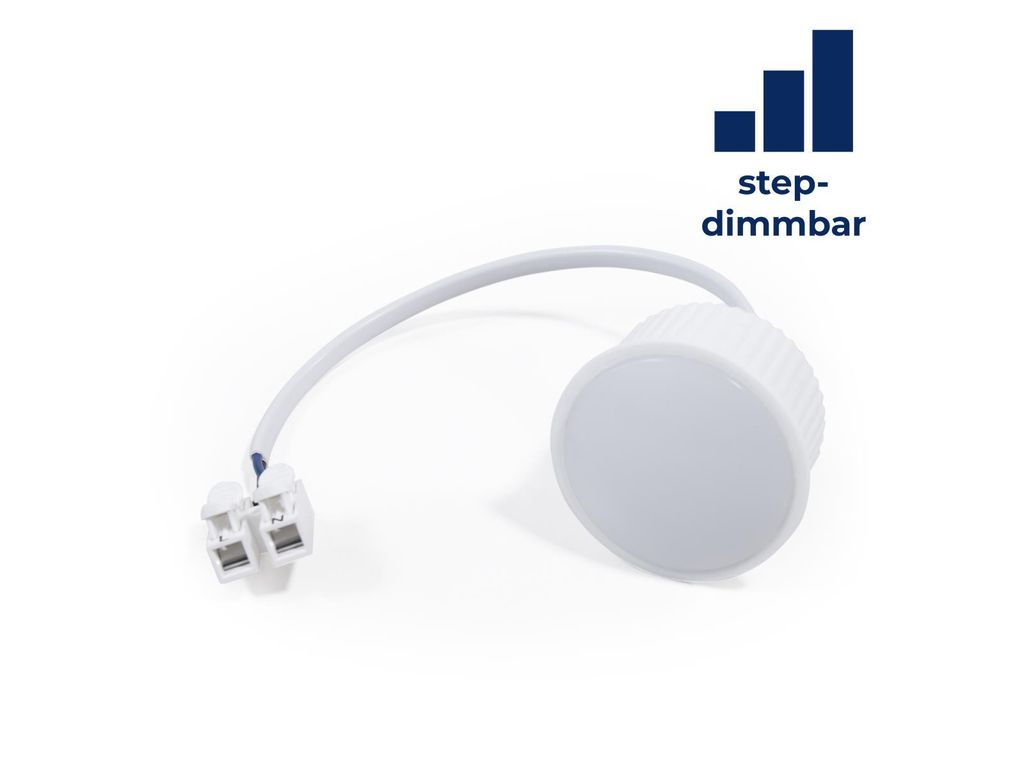 A white LED module with a white cable and connector, set against a white background. A graphic indicating 'step-dimmbar' is in the upper right corner.