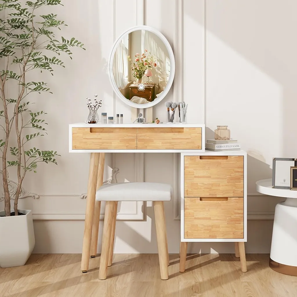 Table de maquillage style chêne avec miroir lumineux et 4 tiroirs