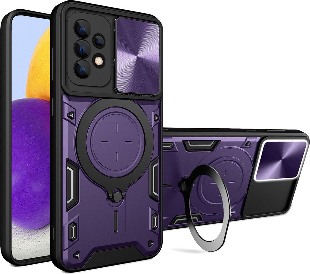 Handyhülle für Samsung Galaxy A72 Dual-Layer Stoßfest Rüstung Hülle mit Dia Kameraschutz und Kreisförmig Ring Ständer Lila