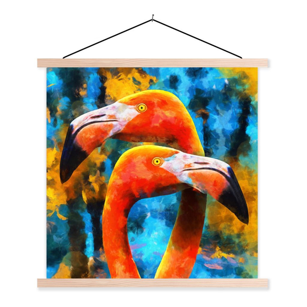 MuchoWow Textilposter Ölgemälde - Vogel - Flamingo 60x60 cm mit holzfarbenen Rahmen - Wanddekoration