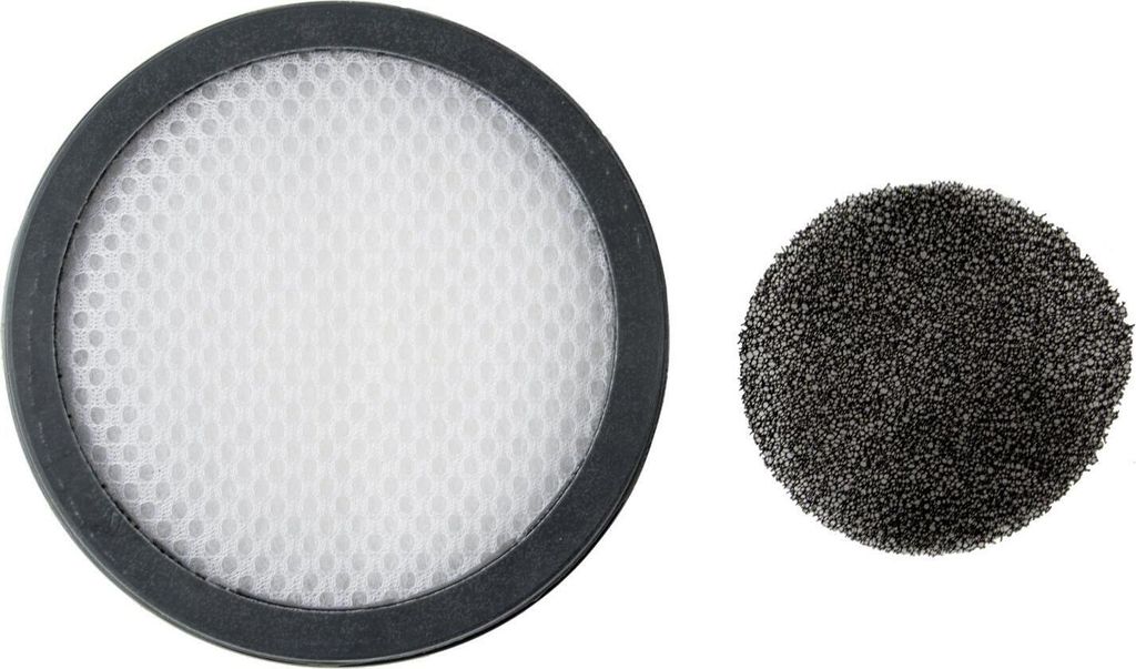 Two circular filters for a vacuum cleaner, one white and one black, are shown against a white background.