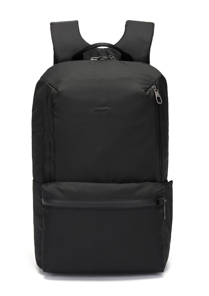 A black backpack is shown against a white background.