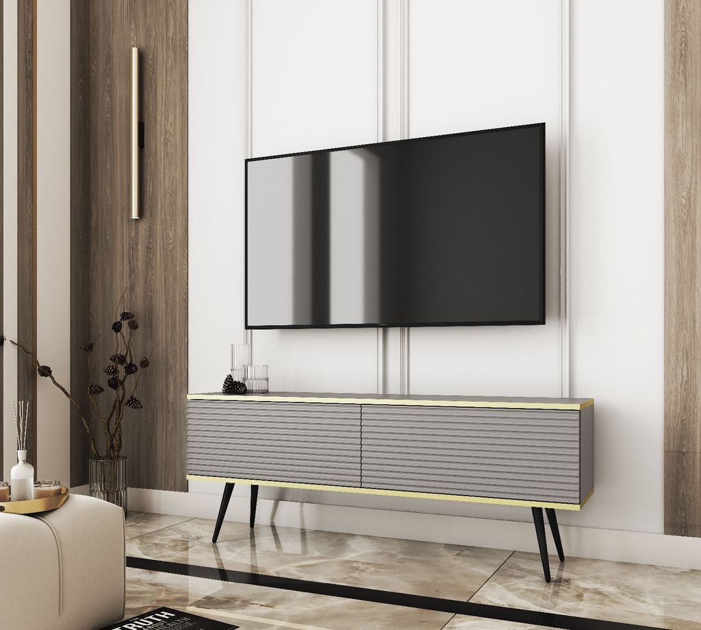 TV-Schrank ORO MDF 135 Grau geriffelte Fronten + Gold mit Schwarze Füße TV-Lowboard Fernsehtisch