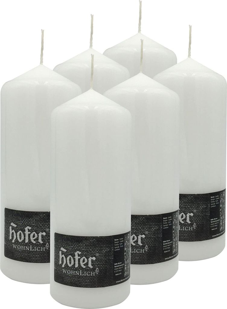 HOFER Stumpenkerzen Weiß 6er Set – 80h Brenndauer – 8 x 20 cm – Tropffrei, Duftfrei