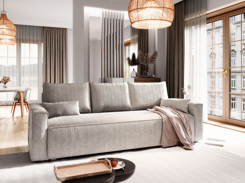 Sofa MENI Creme Kordstoff mit Schlaffunktion, Sofa mit Produktbild