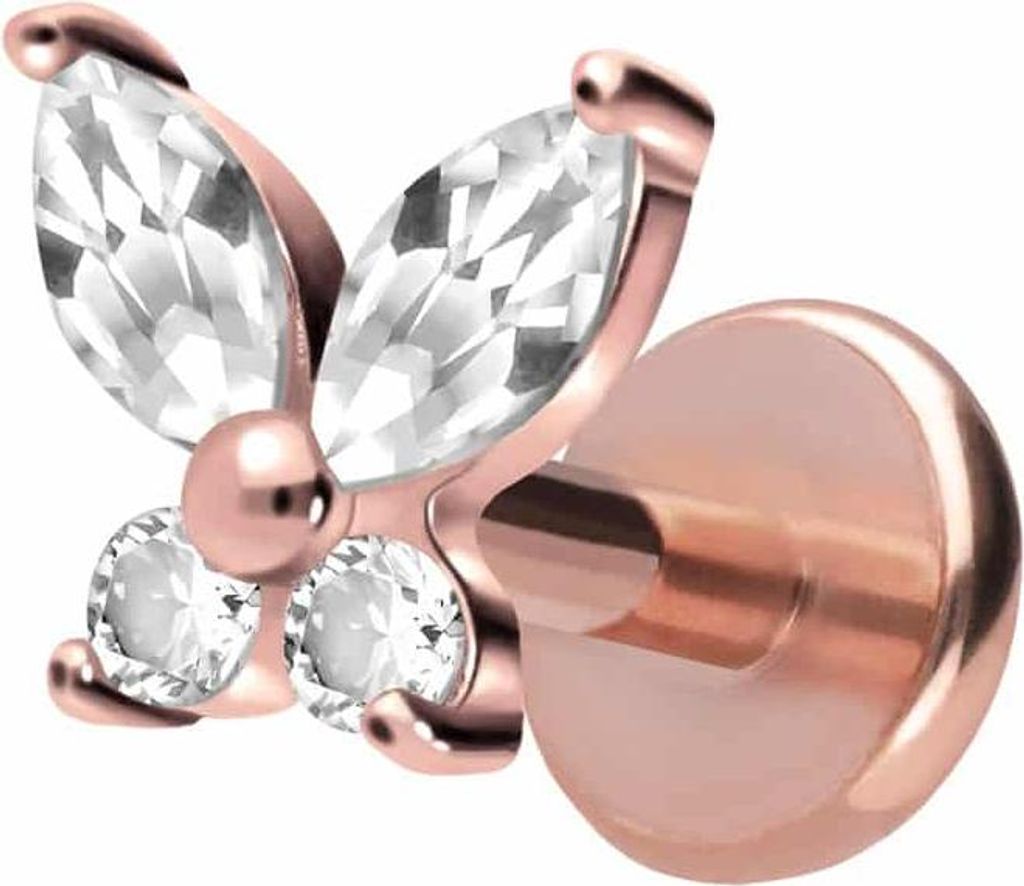Ohrpiercing, Nasenpiercing Titan Labret mit Push Fit KRISTALLSCHMETTERLING RoséGold Stablänge: 5mm | Stabstärke: 1mm