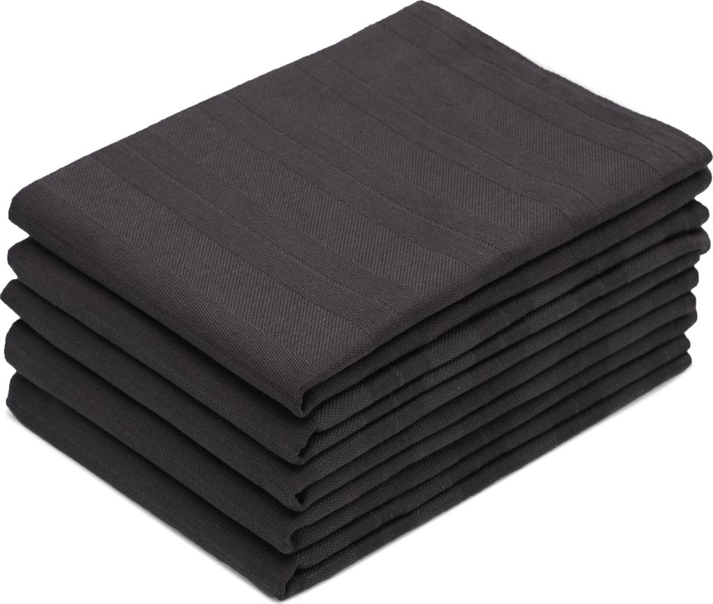 A stack of folded dark gray striped kitchen towels.