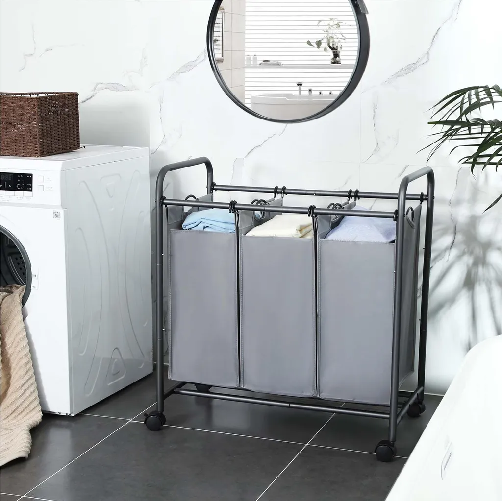 Panier à linge 3 compartiments avec roulettes silencieuses et poignées